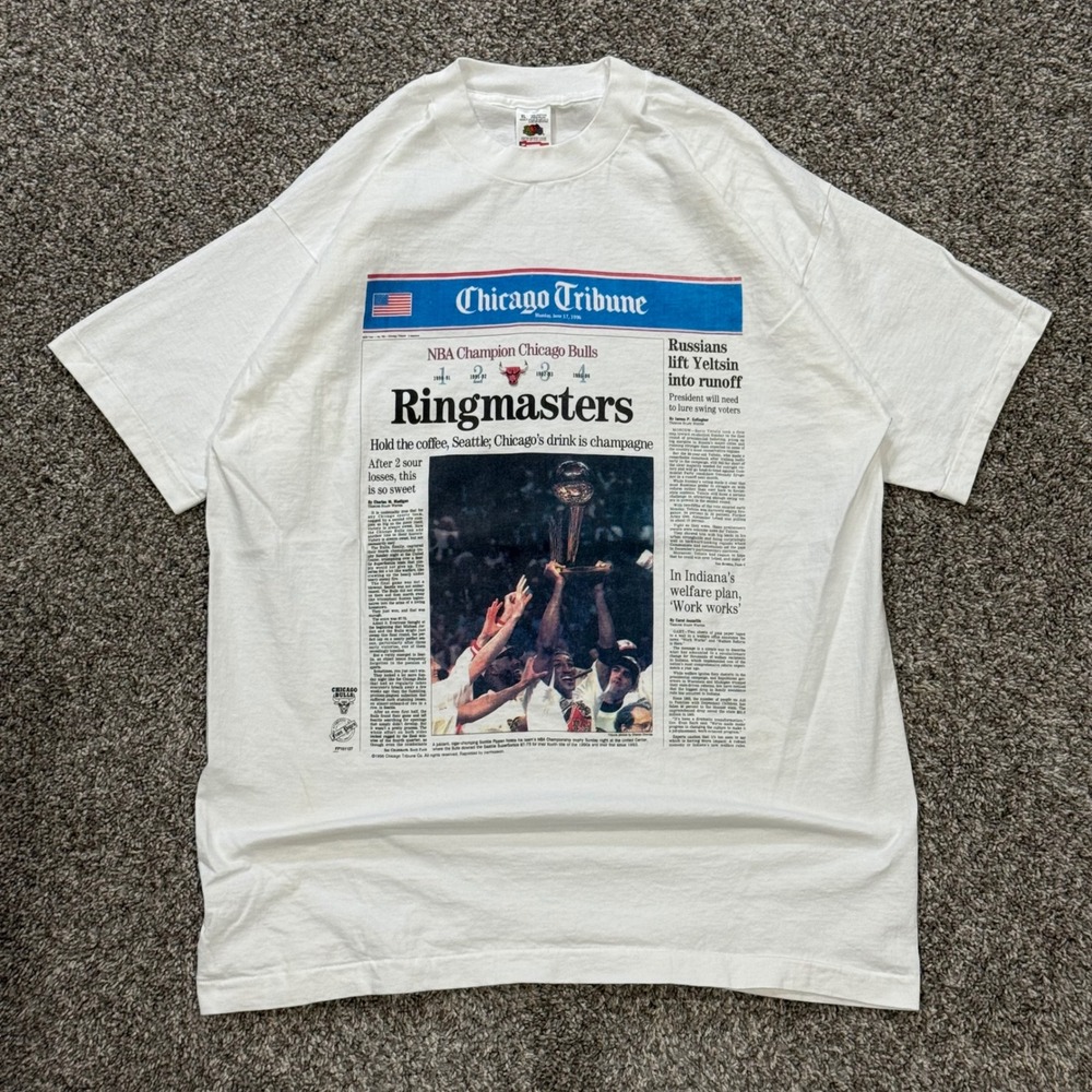 NOS Vintage 90s Chicago Bulls Ringmasters Newspaper TShirt Mens XL Single Stitch